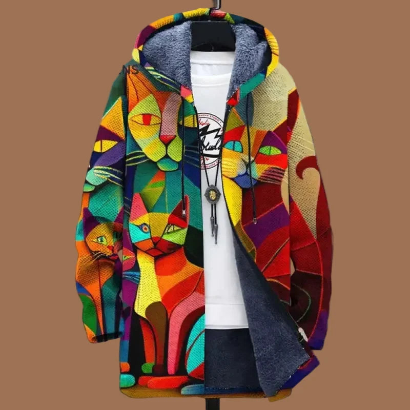 Men's hooded abstract print zip-up jacket with long sleeves