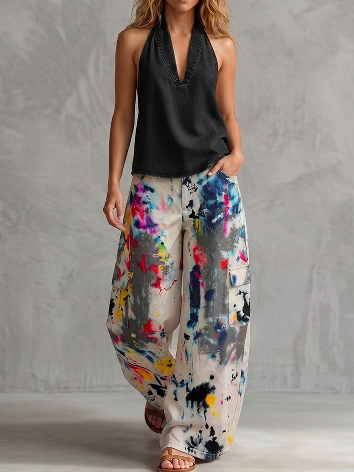 Women's high-waist wide-leg printed denim trousers