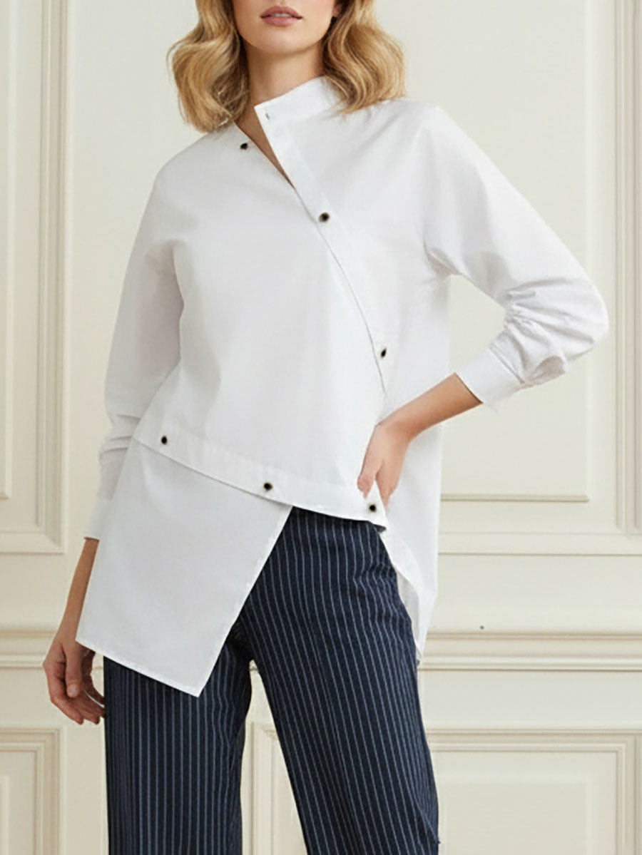 Women's white asymmetric buttoned blouse with mandarin collar and long sleeves