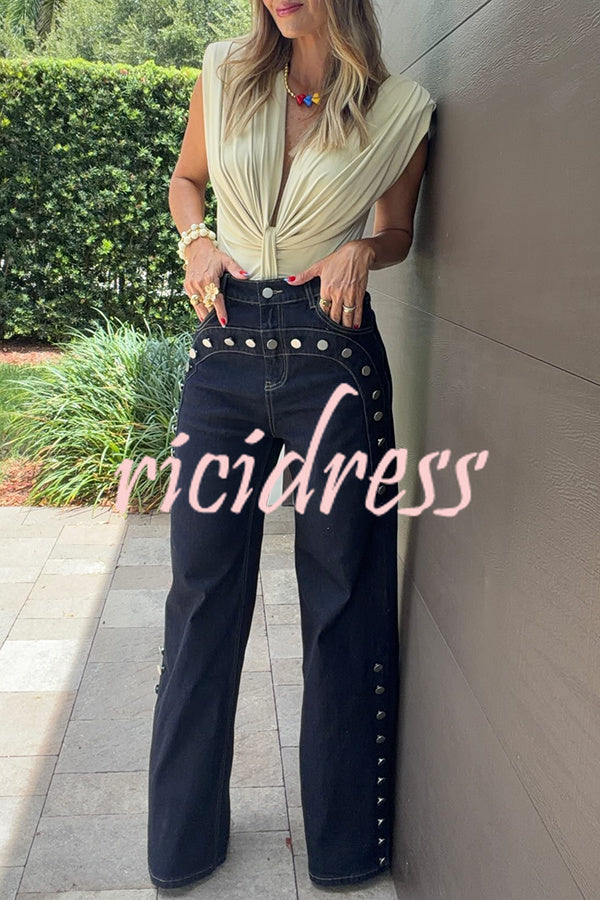 Women's navy high-rise wide leg jeans with silver-tone button details