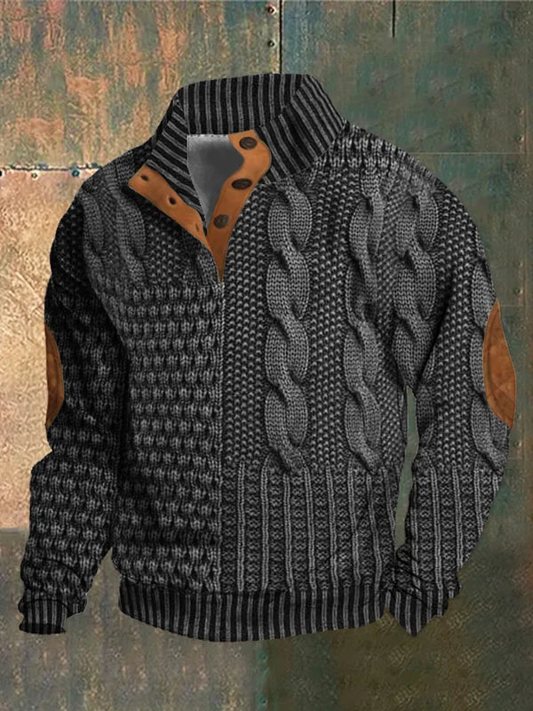 Men's textured cable knit jumper with mock neck and button detail