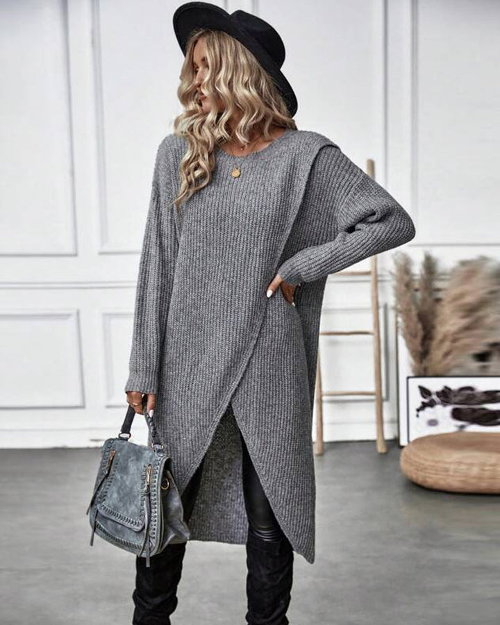 Women's knitted sweater dress with round neck, long sleeves and asymmetric hem