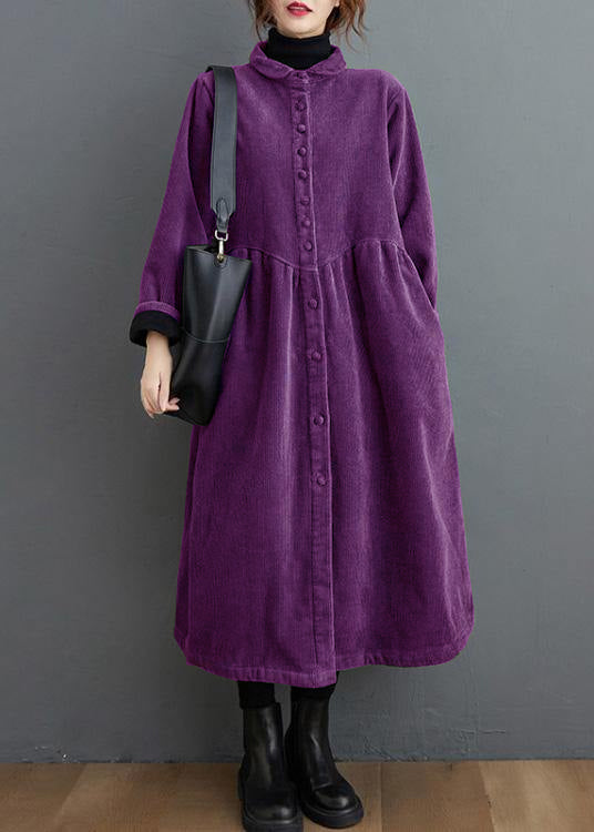 Women's long ribbed button-front coat with flared silhouette and side pockets