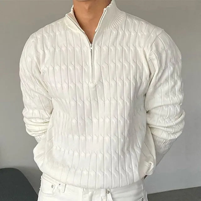 Unisex ribbed half-zip mock-neck sweater shown in white and black