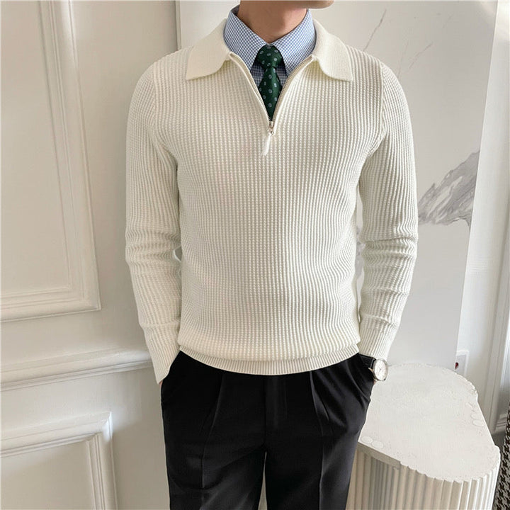 Men's ribbed quarter-zip polo sweater with long sleeves and collared neckline