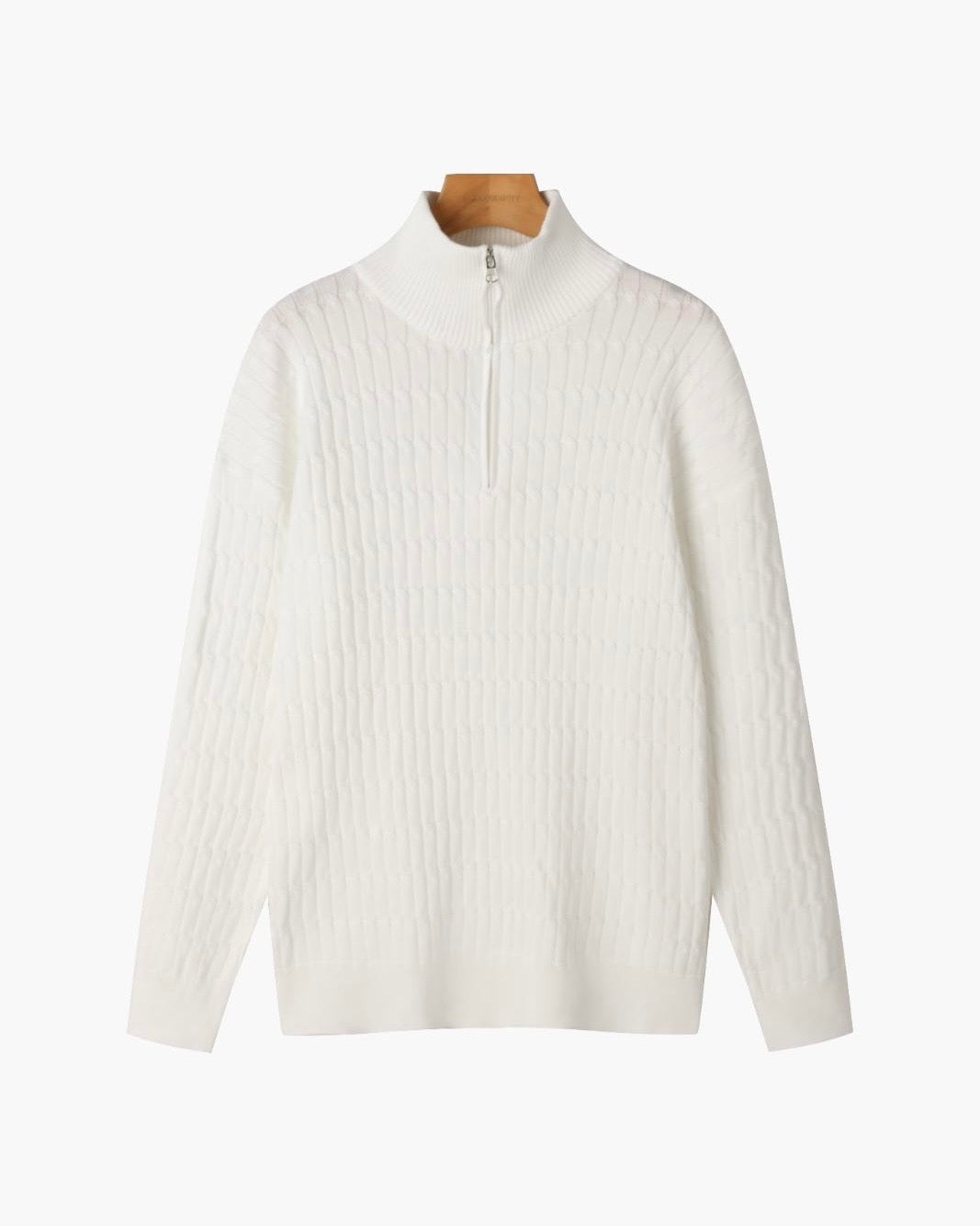 Unisex ribbed half-zip mock-neck sweater shown in white and black