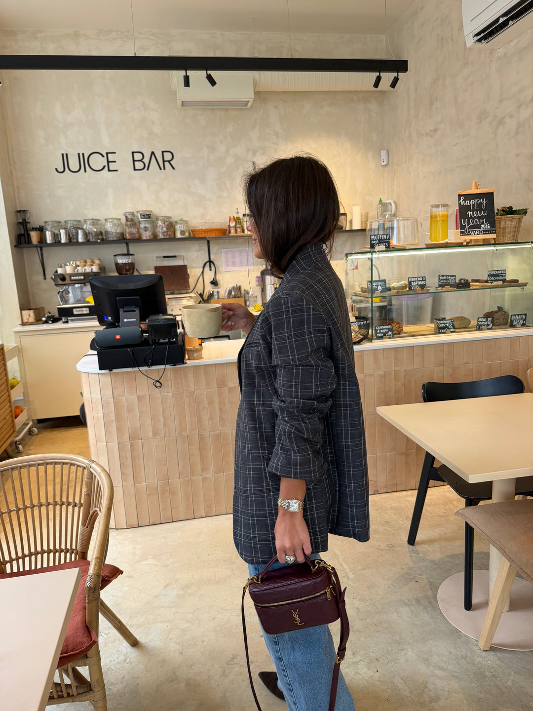 Women's pink plaid tweed blazer with double-breasted buttons and flap pockets