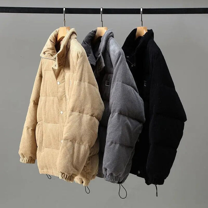 Men's ribbed corduroy padded jacket with high collar and front pockets