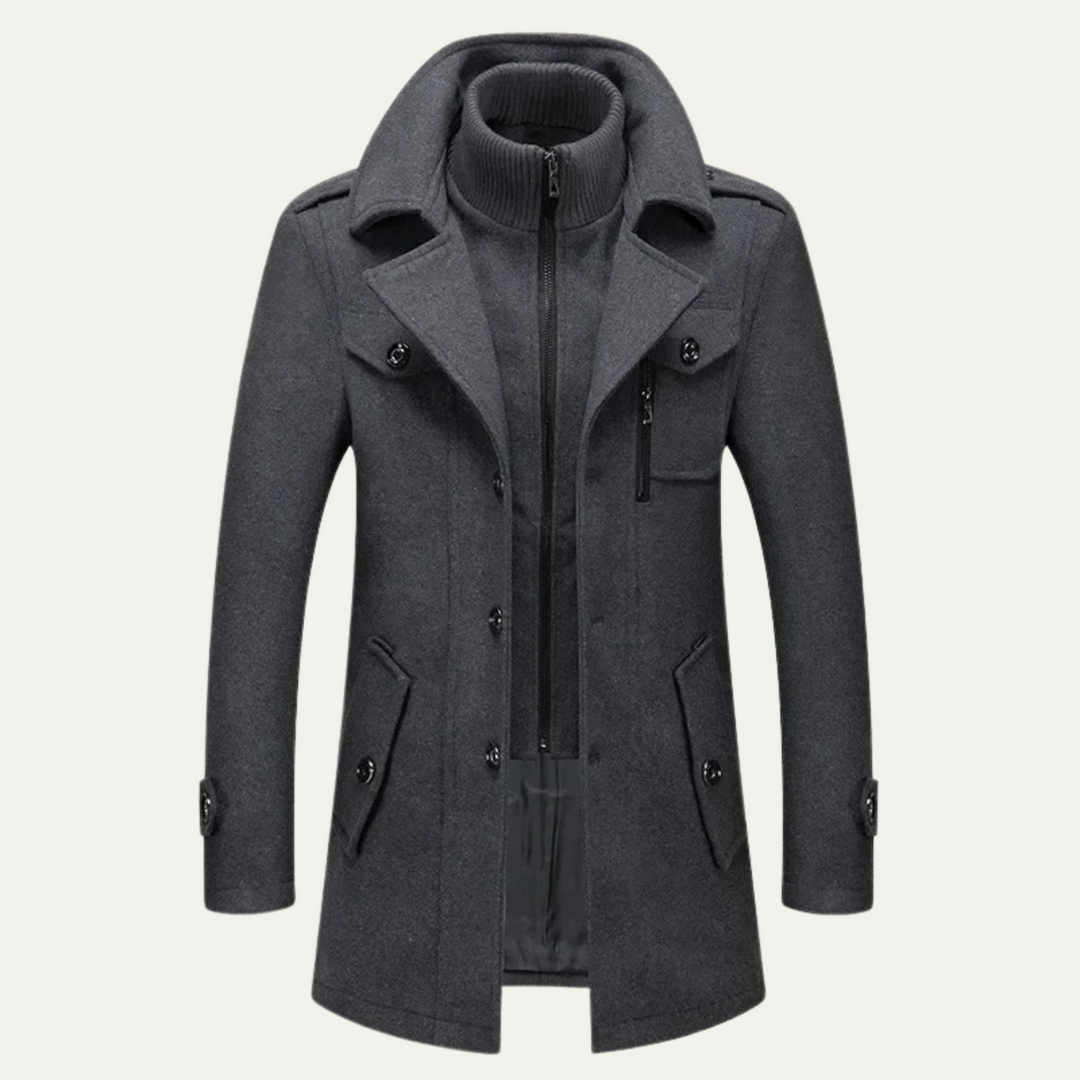Men's long structured coat with high collar, zip front, buttons and multiple pockets
