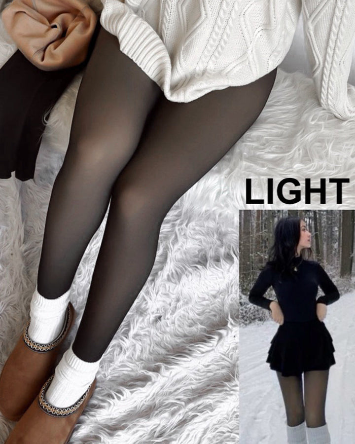 Women's translucent full-length tights styled with a white jumper