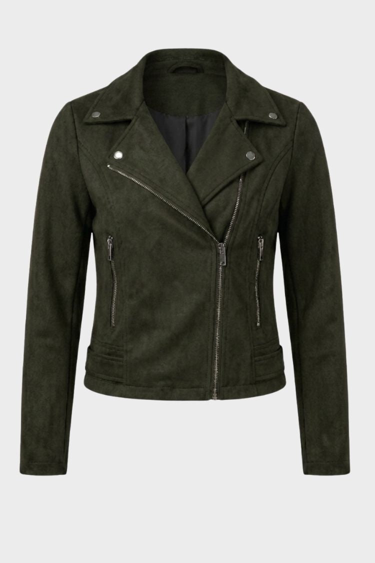 Women's cropped biker jacket with notched lapels, long sleeves and zipped pockets