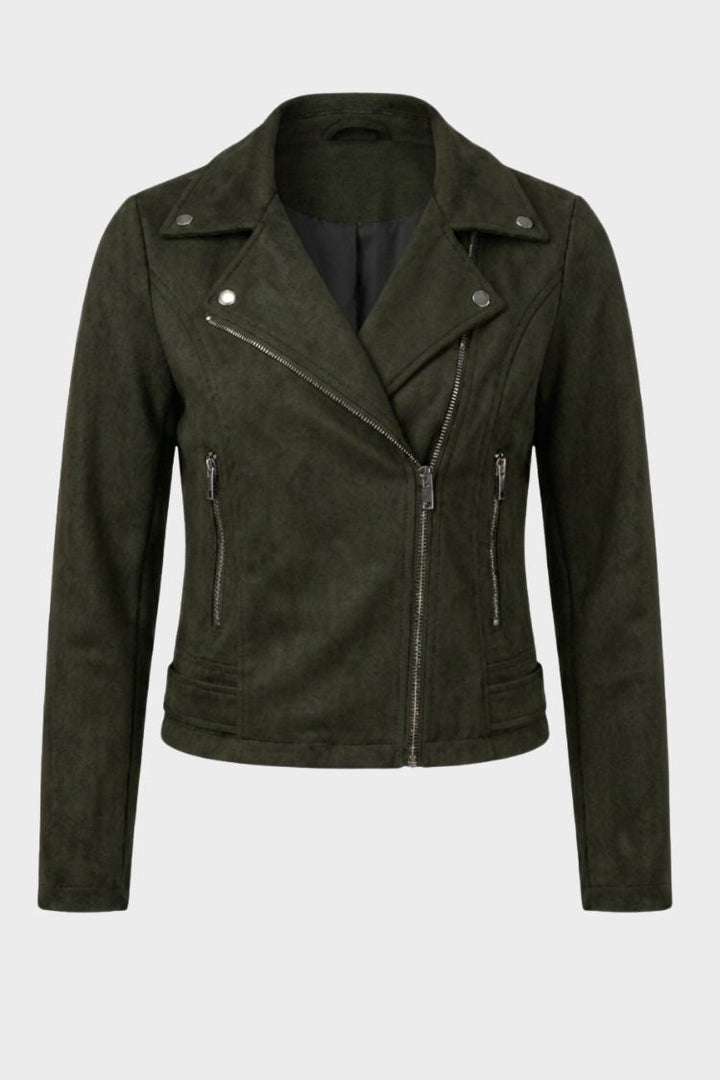 Women's cropped biker jacket with notched lapels, long sleeves and zipped pockets