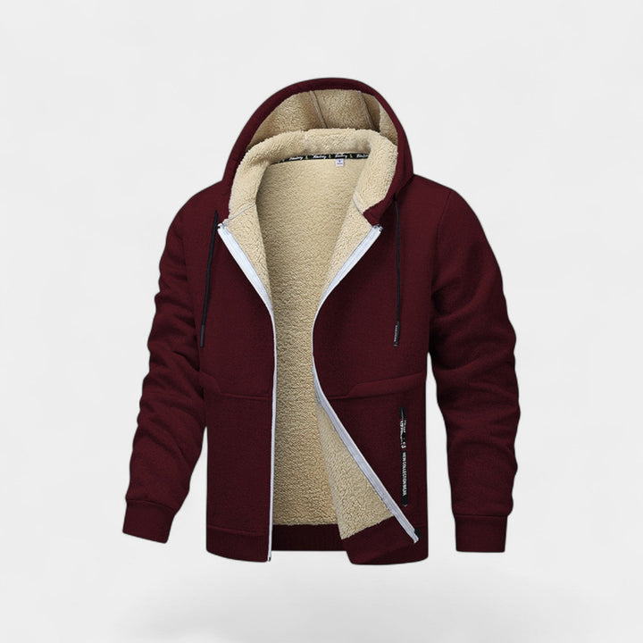 Men's hooded zip jacket with contrast sherpa-style lining and front pockets