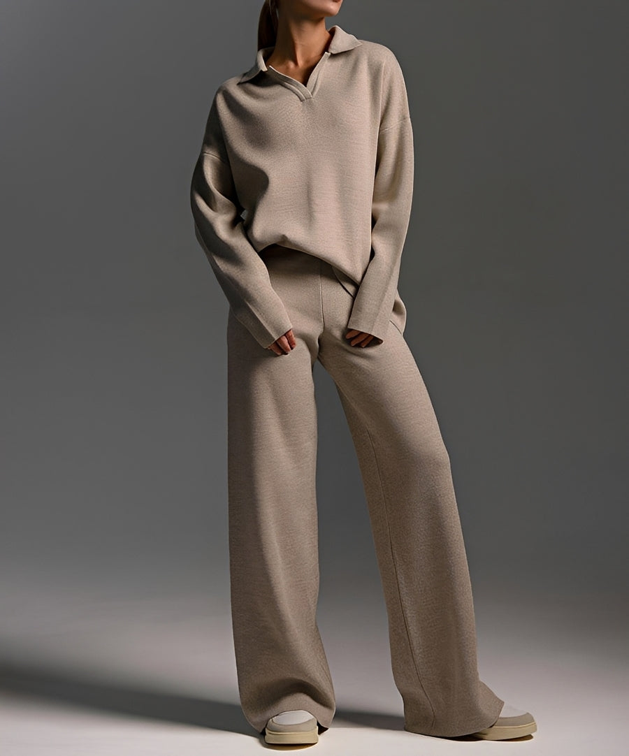 Women's collared sweater and wide-leg trousers set shown in neutral and black colourways