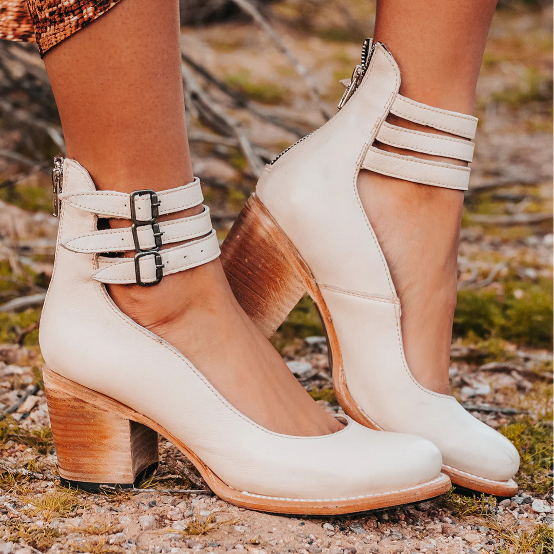Women's ankle boots with three buckle straps and block heels