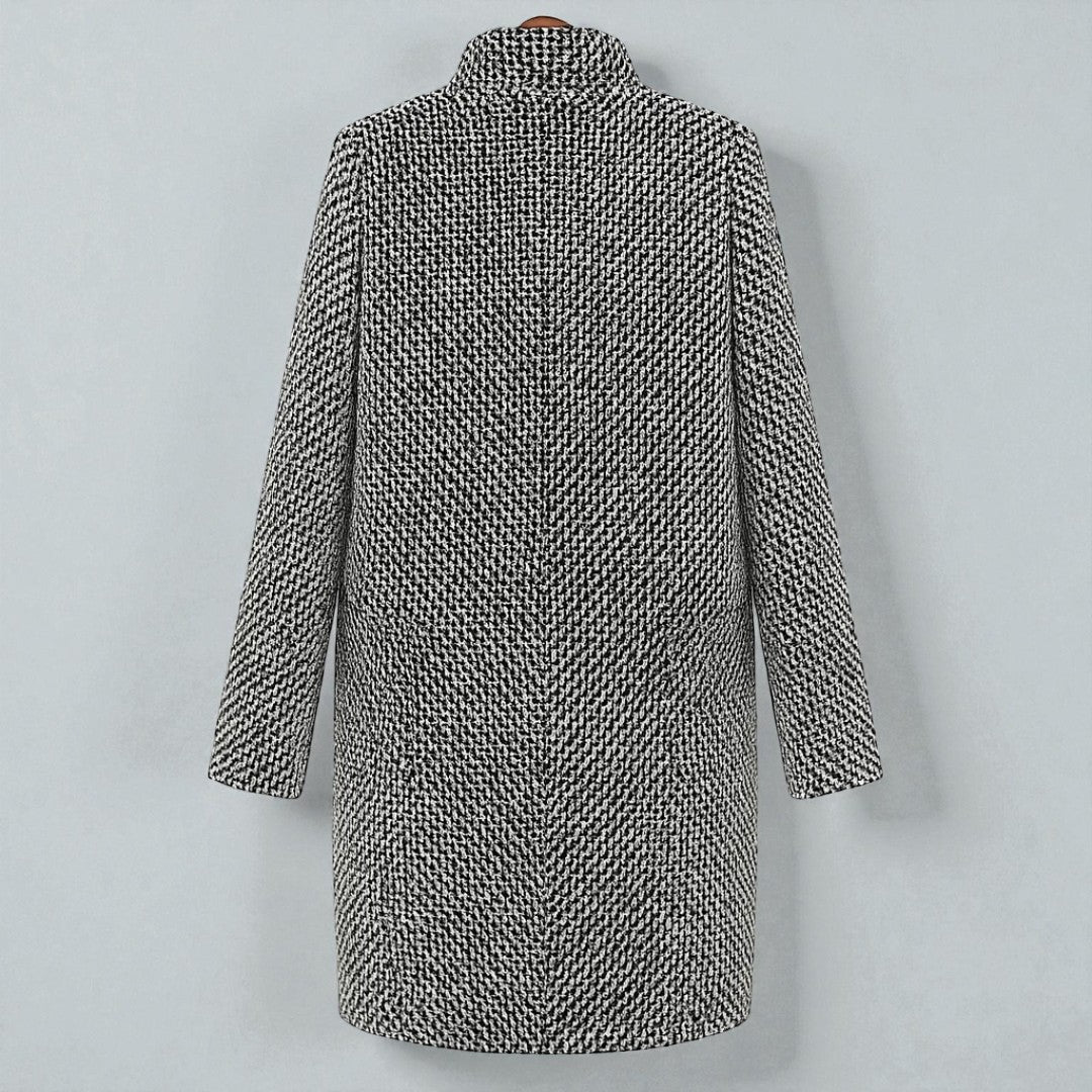 Women's black and white checked long coat with standing collar and button fastening