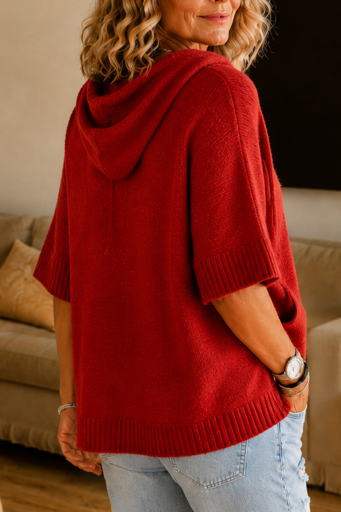 Women's hooded knit hoodie with drawstrings, 3/4 sleeves and ribbed trims