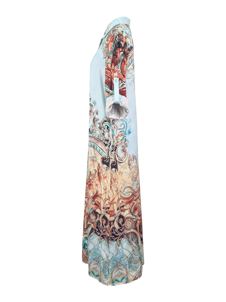 Women's blue abstract printed long-sleeve shirt maxi dress