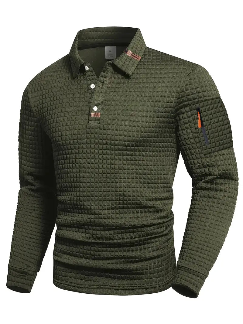 Men's long-sleeve quilted polo jumper with button placket and sleeve zip pocket
