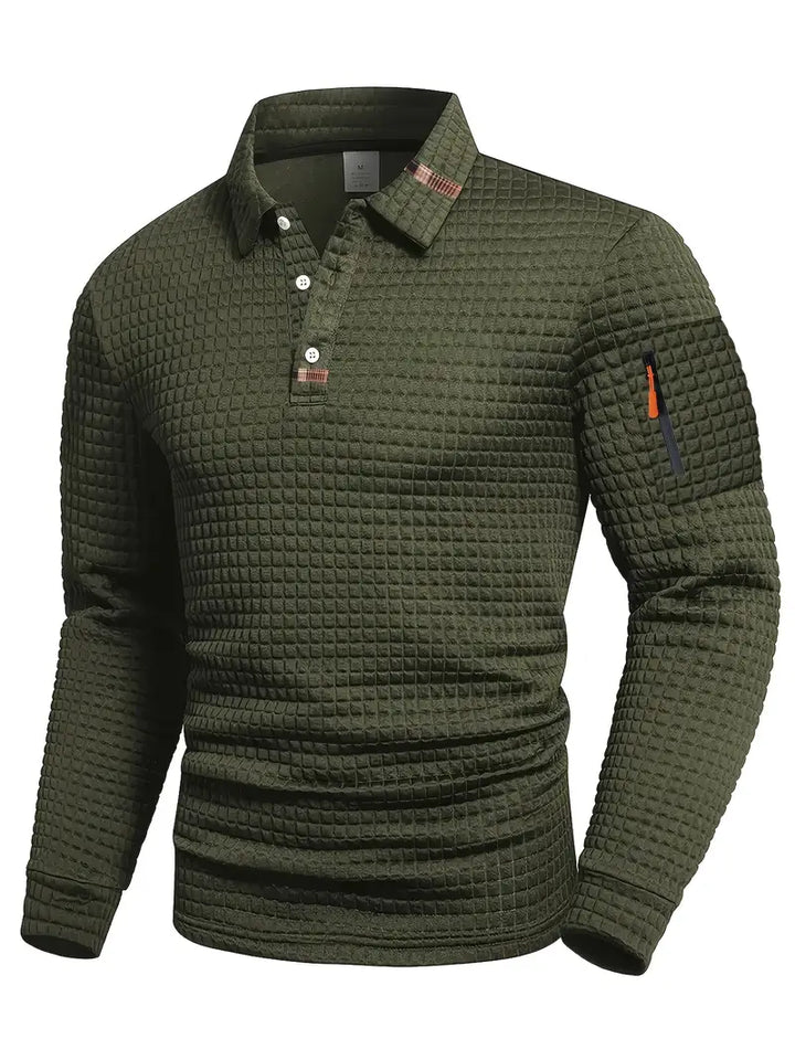 Men's long-sleeve quilted polo jumper with button placket and sleeve zip pocket