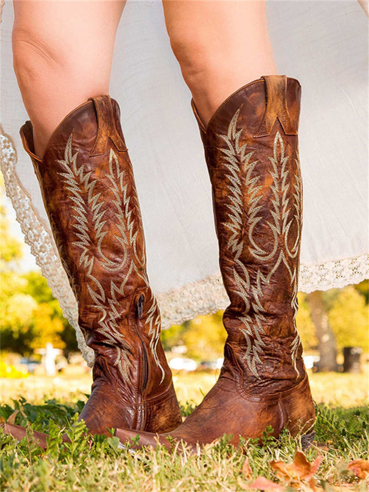 Women's knee-high cowboy boots with pointed toes and embroidered Western shaft detailing