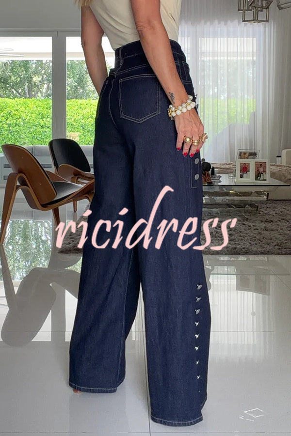 Women's navy high-rise wide leg jeans with silver-tone button details