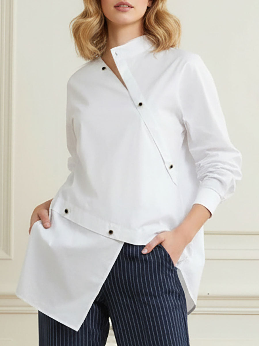 Women's white asymmetric buttoned blouse with mandarin collar and long sleeves