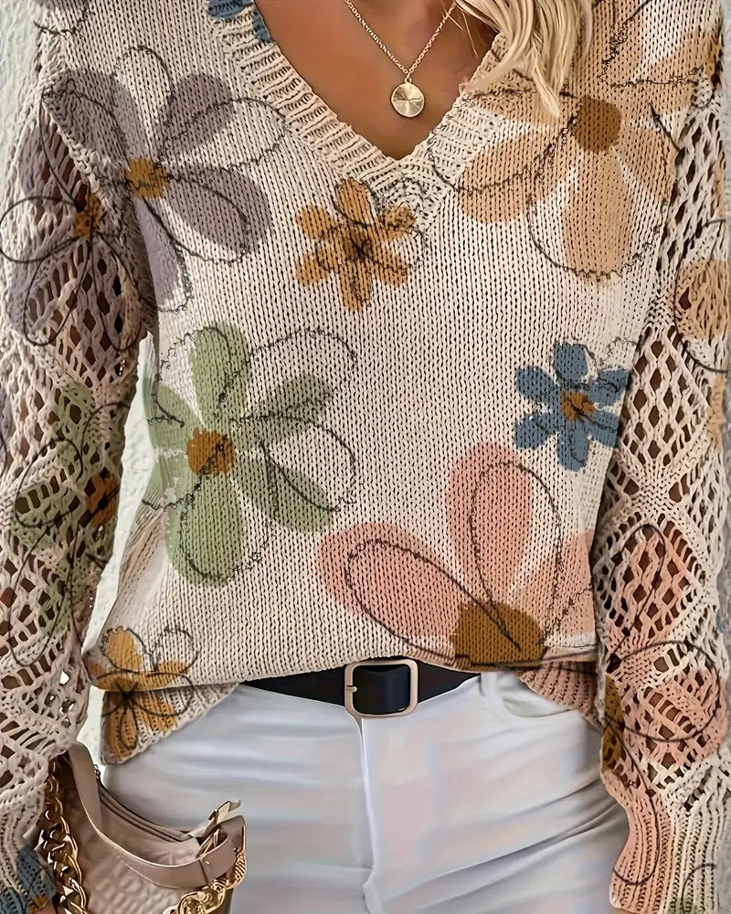Women's multicoloured floral openwork knit sweater with V-neck and long sleeves
