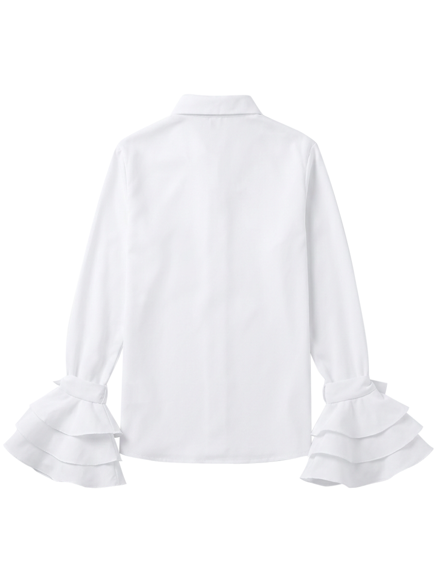 Women's solid blouse with raised collar, long sleeves, bow details and layered ruffle cuffs