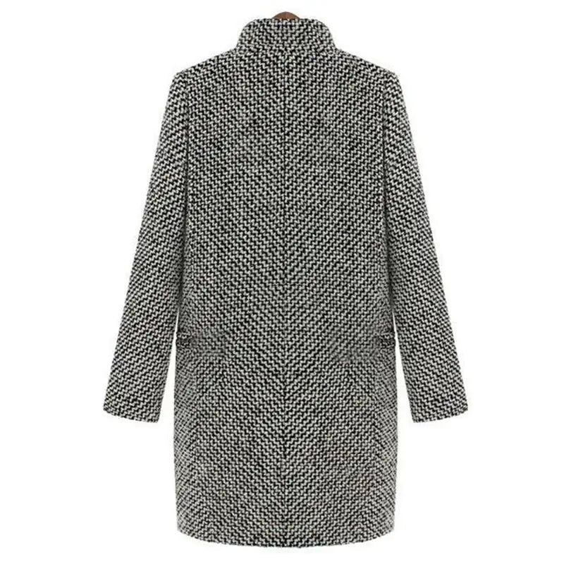 Women's black and white houndstooth long coat with notched lapels and button fastening