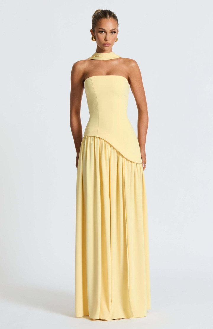 Women's strapless maxi dress with choker neckline and asymmetrical high slit