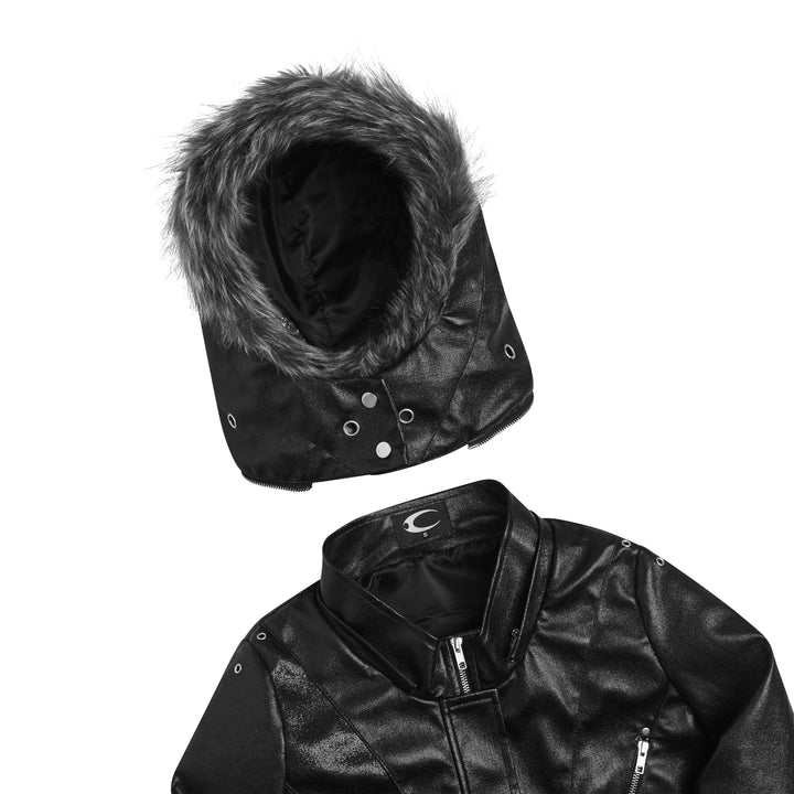 Black hooded jacket with trimmed hood, zip pockets and stud details