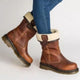 Women's brown winter ankle boots with fur cuff and lug sole