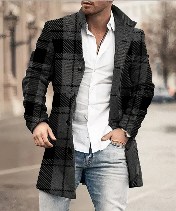 Men's long textured trench coat with double-breasted buttons and notched collar