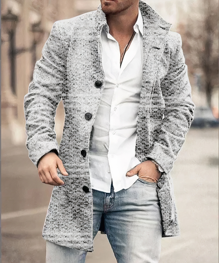 Men's long textured trench coat with double-breasted buttons and notched collar