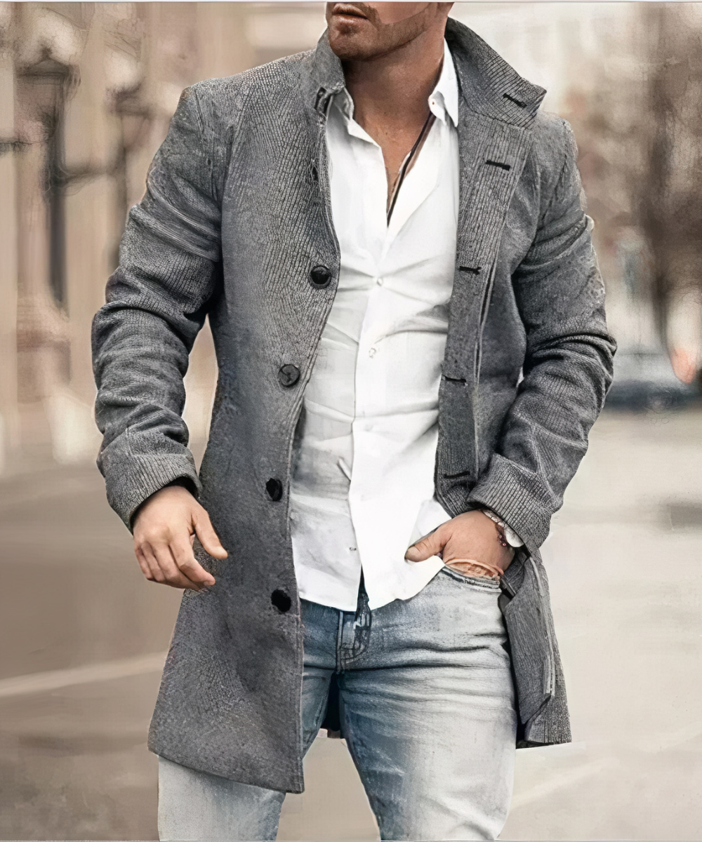Men's long textured trench coat with double-breasted buttons and notched collar
