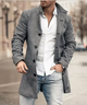 Men's long textured trench coat with double-breasted buttons and notched collar