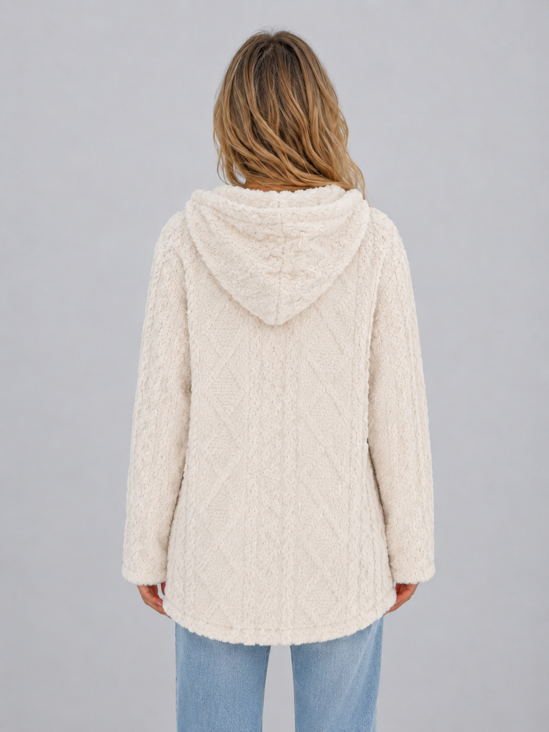 Women's long textured hooded cardigan with button front and long sleeves