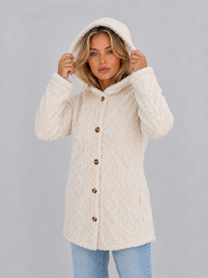 Women's long textured hooded cardigan with button front and long sleeves