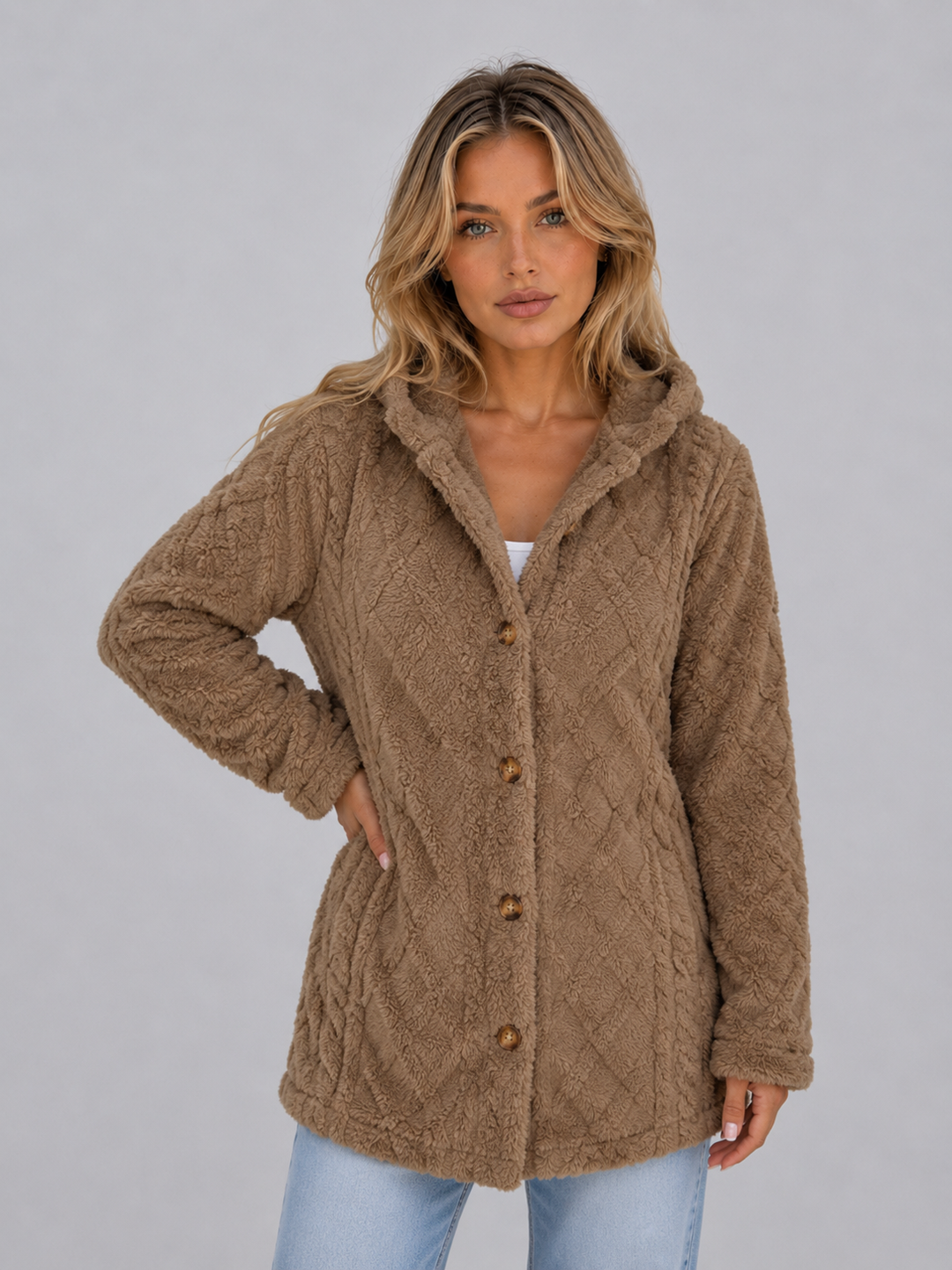 Women's long textured hooded cardigan with button front and long sleeves