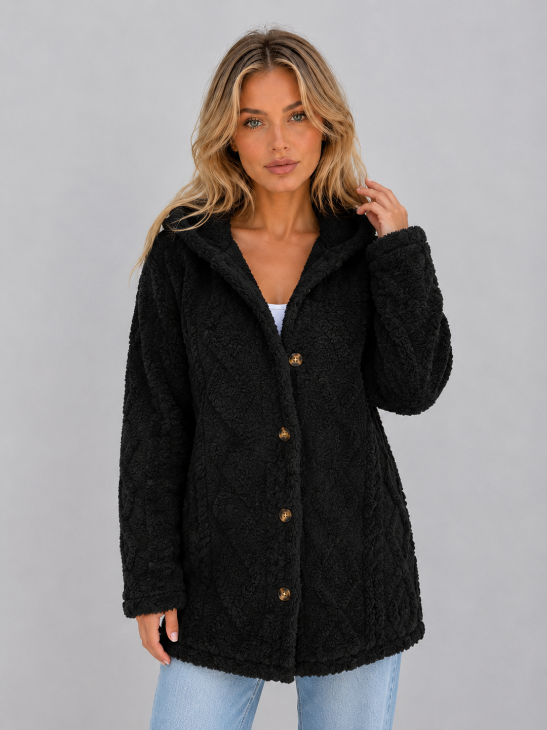 Women's long textured hooded cardigan with button front and long sleeves