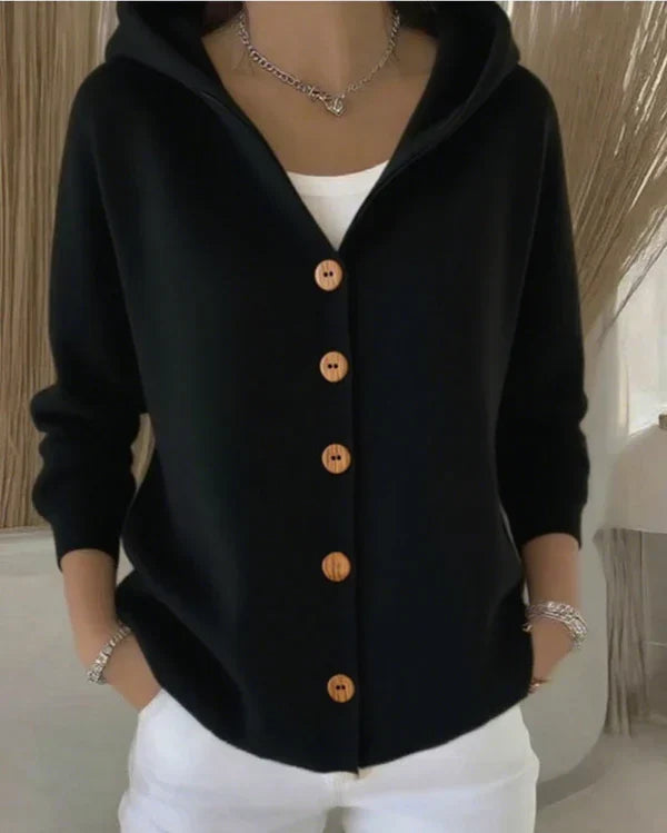 Women's hooded knit cardigan with button front, long sleeves and pockets