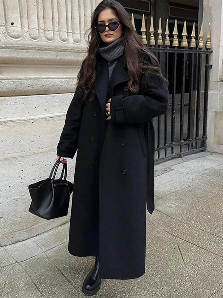 Women's long belted double-breasted trench coat with notched lapel