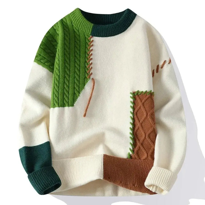 Women's patchwork cable knit sweater with crew neck and long sleeves