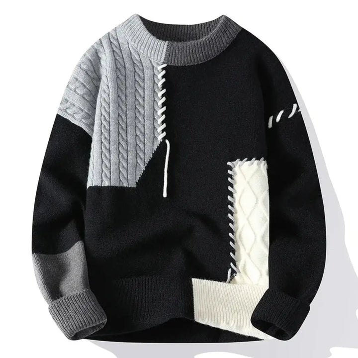 Women's patchwork cable knit sweater with crew neck and long sleeves
