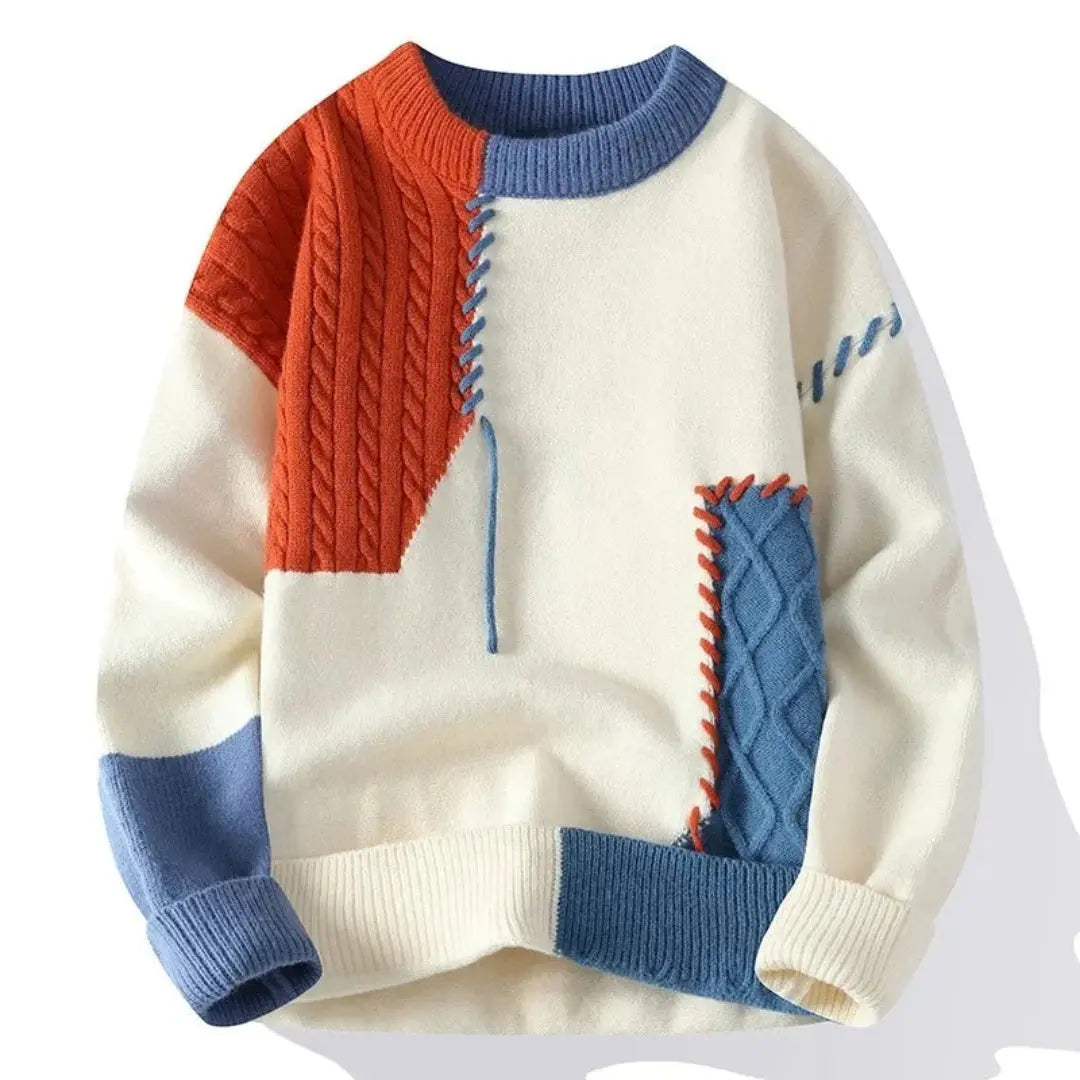 Women's patchwork cable knit sweater with crew neck and long sleeves