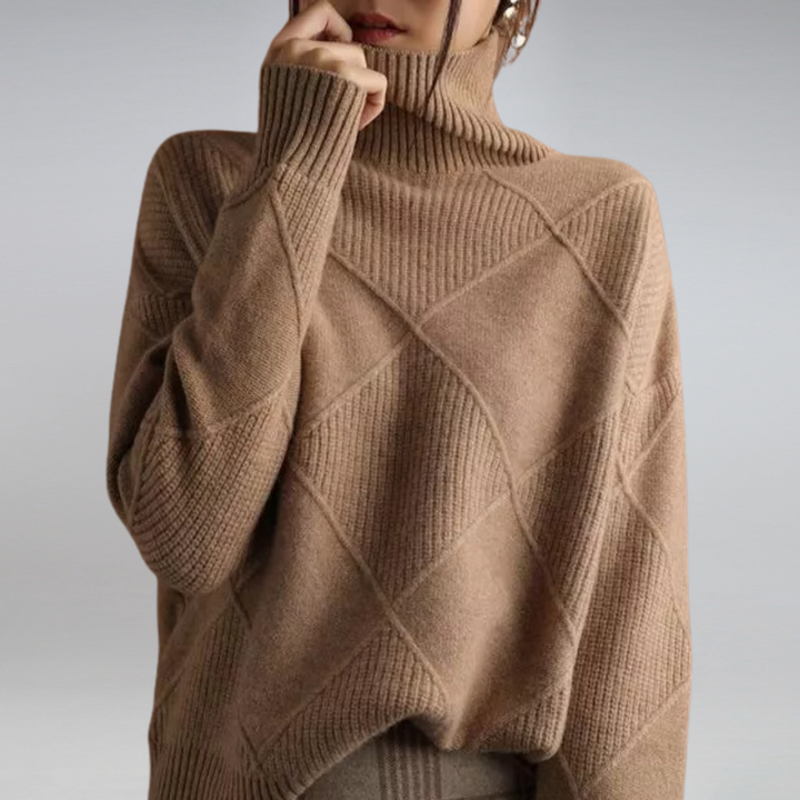 Women's geometric diamond turtleneck jumper with long sleeves and ribbed trims
