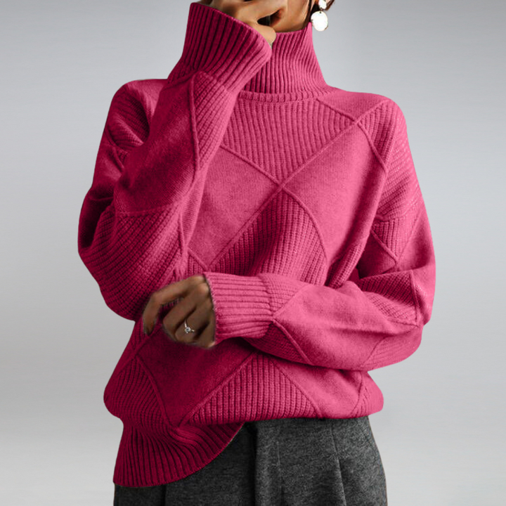 Women's geometric diamond turtleneck jumper with long sleeves and ribbed trims