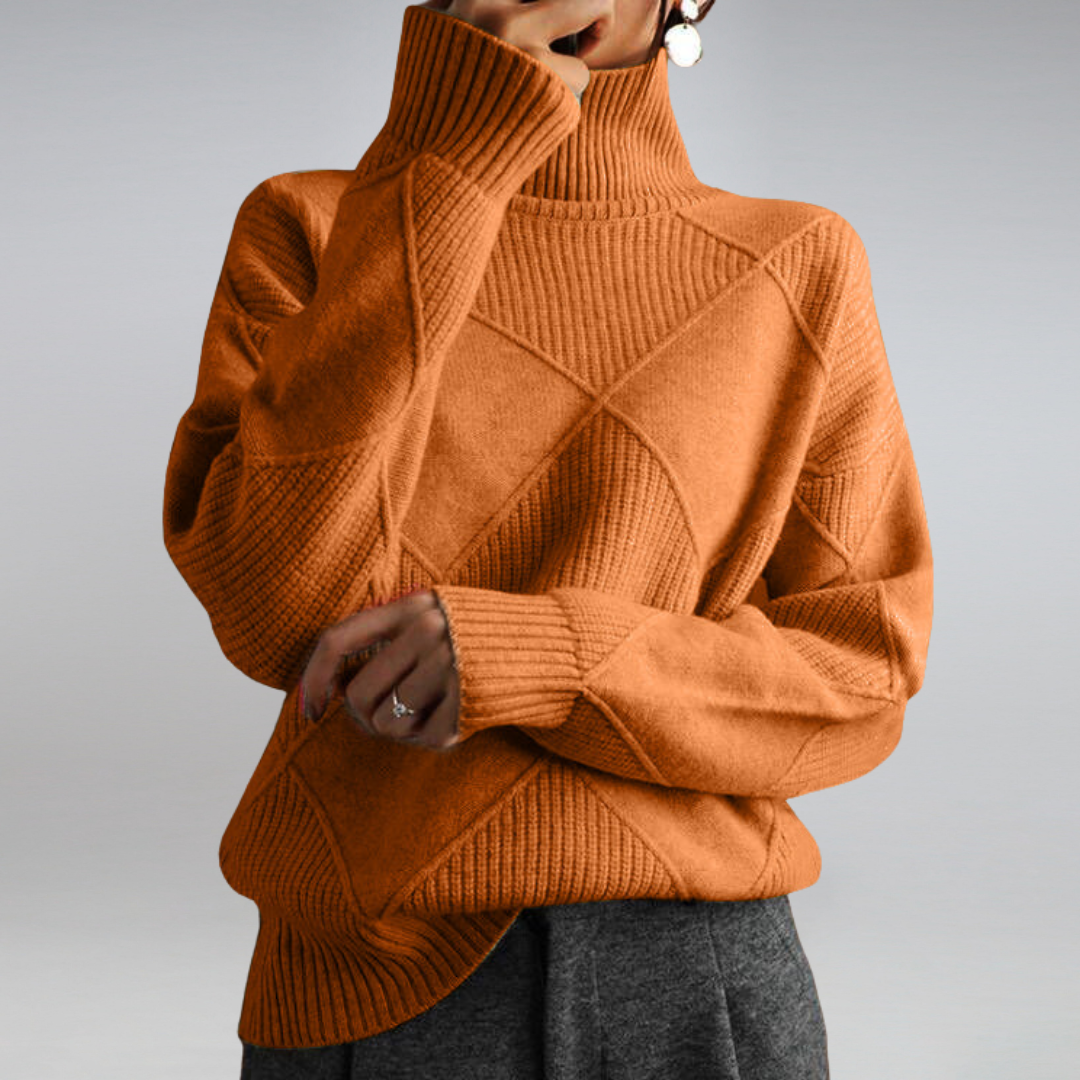 Women's geometric diamond turtleneck jumper with long sleeves and ribbed trims