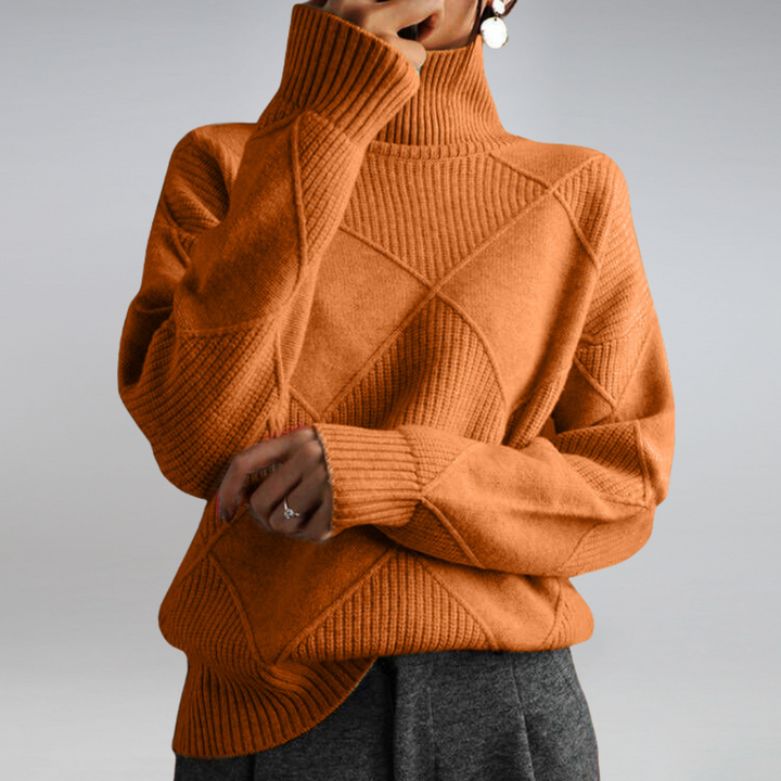 Women's geometric diamond turtleneck jumper with long sleeves and ribbed trims
